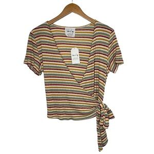 Sadie & Sage Womens Harmony Stripe Faux-Wrap Knit Top Sz Large Multicolor V Neck